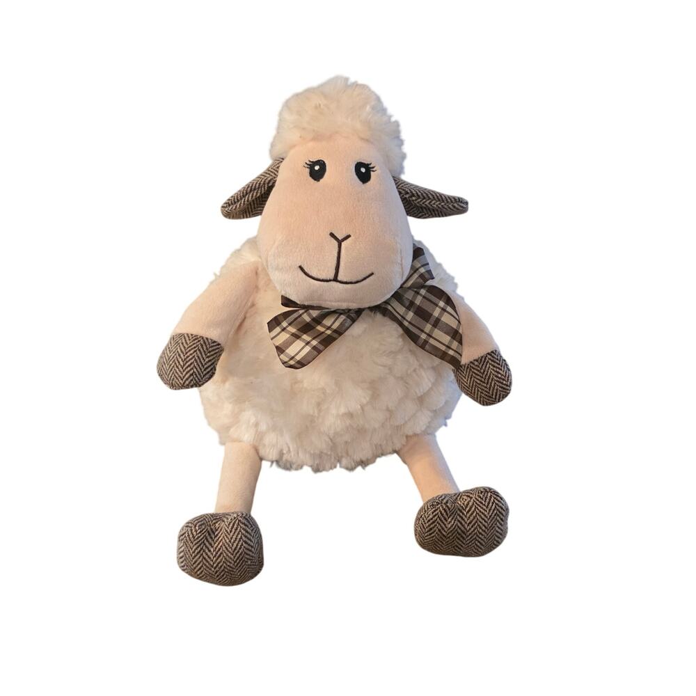 Pier 1 One Imports Soft PLUSH sheep cream lamb hattie plaid bow
